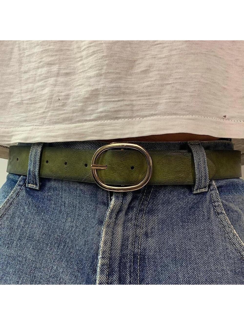 Faded Green leather belt with Gold oval belt buckle. Very cool unique belt. Y2k